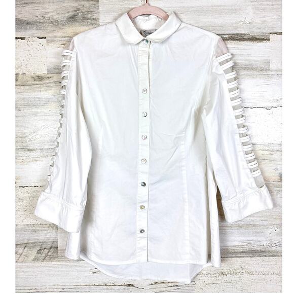 Finley Women’s M Top White 3/4 Sheer Sleeve Button-up collared Blouse Stretch - Picture 2 of 5